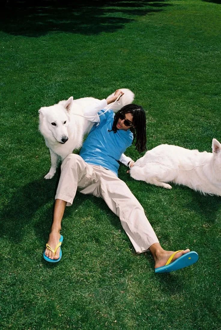 Person relaxing on grass with dogs